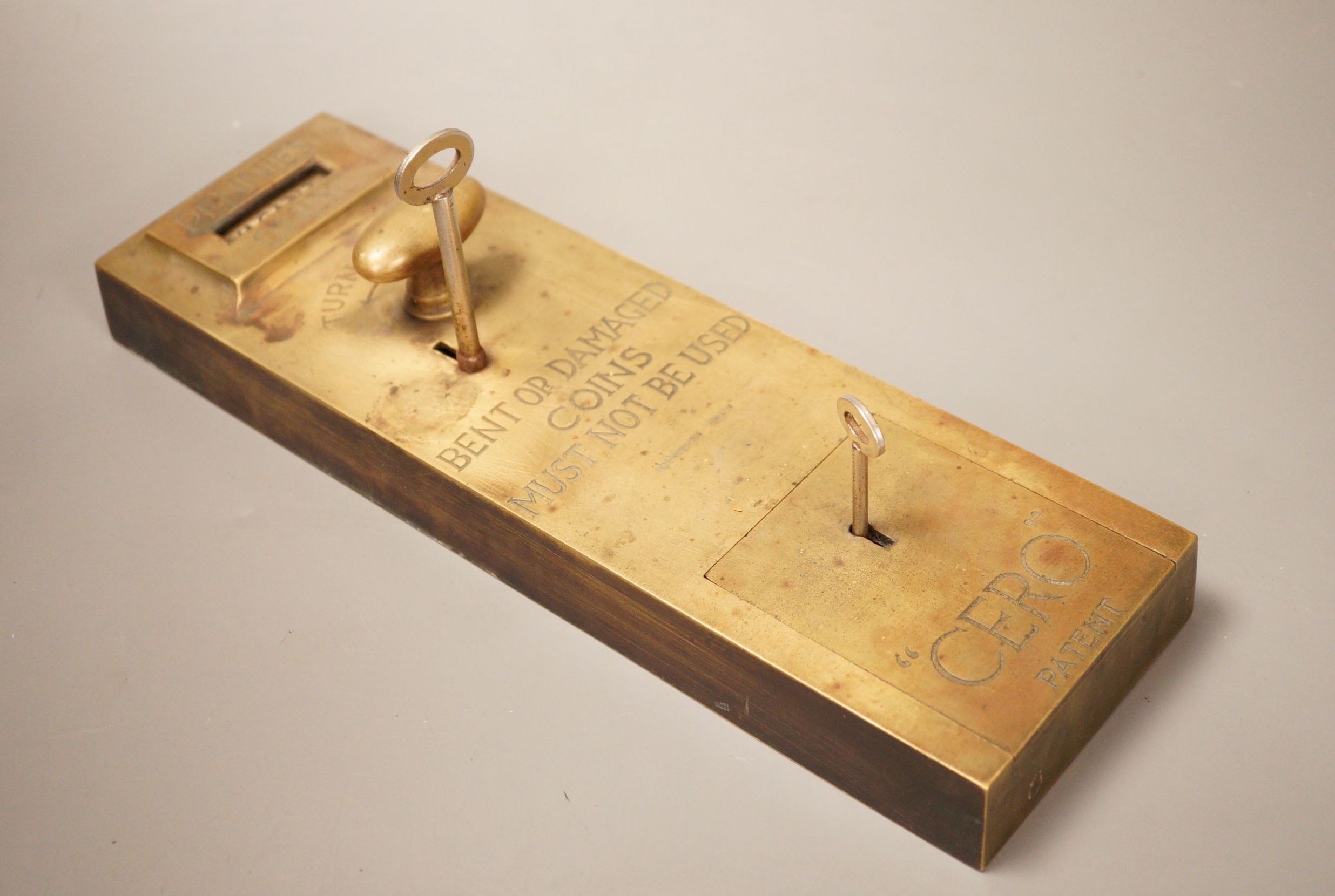A Cero Patent public lavatory brass door lock from The Anchor Tearooms, Forest Row, penny operated